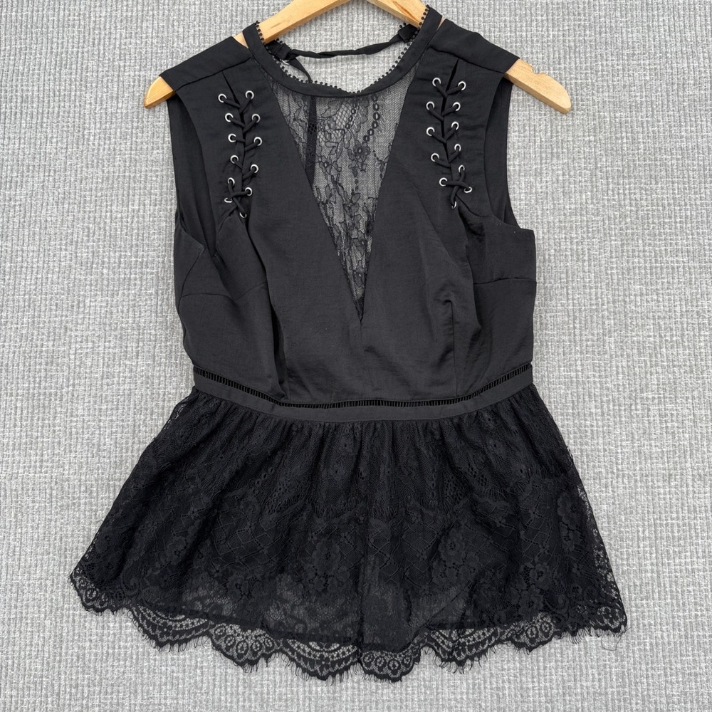 Guess Black Lace Peplum Top Sleeveless Tank Top Lace ‎ Sz S Whimsigoth Y2K Indie